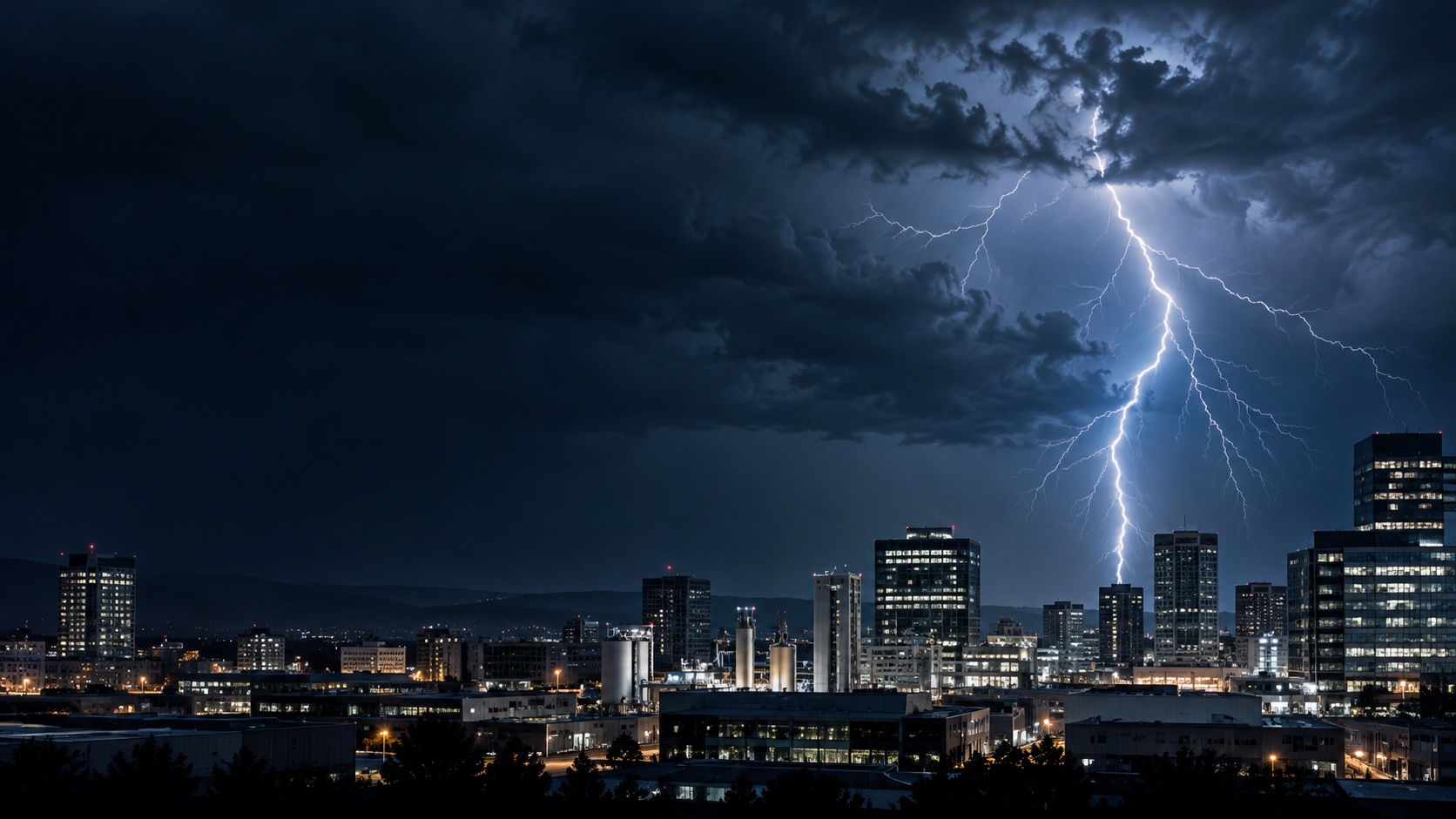 Imagen ilustrativa de una tormenta eléctrica sobre edificios